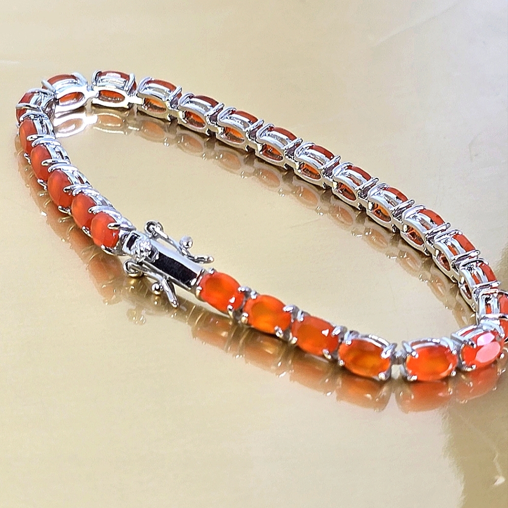 925 Sterling Silver Tennis Bracelet 18cm with Natural Carnelian 4x6mm